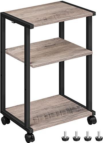 HOOBRO Druckertisch, 3-stöckiger Druckerständer mit Rollen, Höhenverstellbar Druckerwagen, mit 3 Ablagen und 2 Haken, 42 x 28 x 64 cm, für Büro, Fax, Kopierer, Scanner EBG28PS01N1