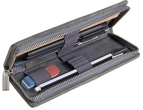 Jahn-Tasche - Exklusives Federmäppchen/Stifte-Etui Größe M aus Büffel-Leder, Grau, Modell 012