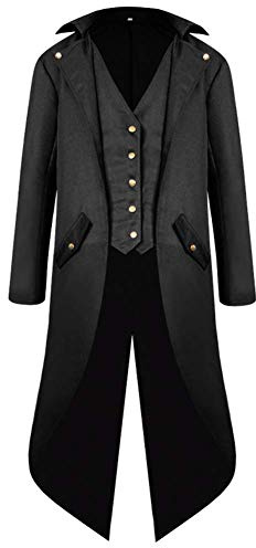 Herren Gothic Steampunk Frack Mantel Männer Mittelalter Viktorianischen Vintage Jacke mit Waistcoat Uniform Lange Smoking Karneval Fasching Halloween Kostüm Party Cosplay Verkleidung Schwarz 2XL