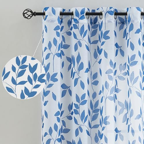 Transparent Gardinen Navy Blau Blätter auf Weiß Voile Gardinen mit Ösen Transparent Vorhänge Muster Durchsichtige Vorhänge für Dekoration Wohnzimmer Schlafzimmer Kinderzimmer,2 Stücke(136 x 180 cm)