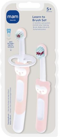 MAM Juego de cepillo de dientes para bebé con mango largo para sostener juntos, cepillo de dientes infantil entrena el cepillado de los dientes, a partir de 5 meses, rosa