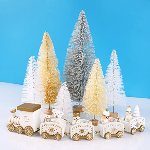 7 Pz Trenino Natalizio Legno Mini Albero di Natale Artificiale Sisal Alberelli Decorativi Innevati Piccoli Decorazioni Natalizie da Tavolo Addobbi Natalizi Casa Fai da Te (B)