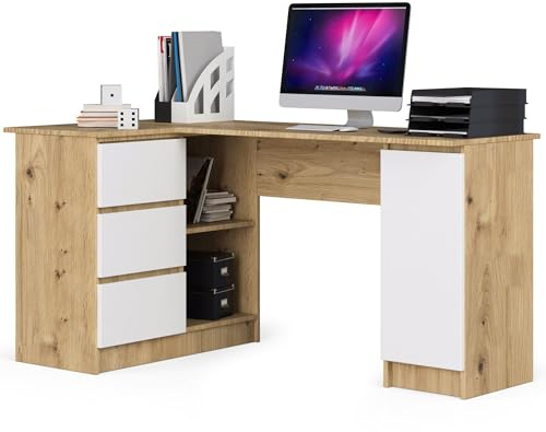 AKORD Eck-Schreibtisch B-20 mit 3 Schubladen, 2 Ablagen und einem Regalfach mit Tür | Schreibtisch | Eck Schreibtisch für Home Office | B155 x H77 x T85, 60 kg | Eiche Artisan & Weiß Front