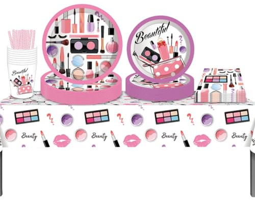 ZOOMPIL Spa Make up Partygeschirr, Makeup Party Geschirr Set, mit Teller, Tassen, Servietten, Spa Topmodel Party Deko Set, für Mädchen Geburtstag, für 8 Personen