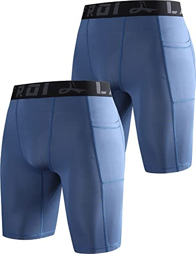 LAFROI Men's 2-Pack Quick Dry Cool Compression Fit Tights Shorts Waistband -YSK09 Pocket Grayish Blue x2,M