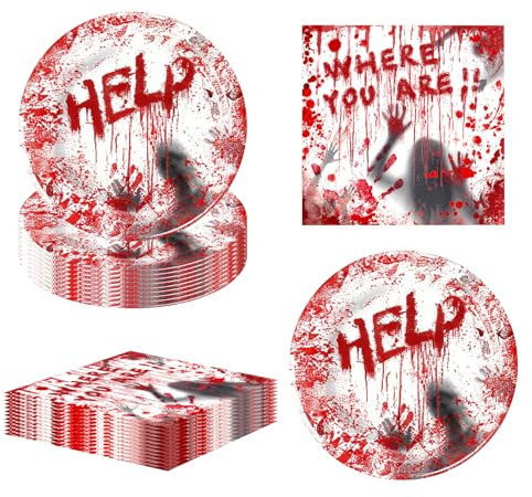 AINIUNIU 20 Pièces Vaisselle d'Halloween, Décorations de Fête Effrayantes Avec Empreintes de Sang Rouge, Vaisselle d'Halloween, Assiettes, Serviettes de Table Décorations de Fête