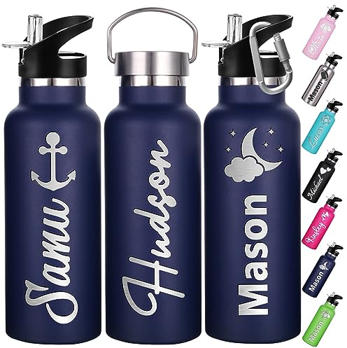 Personalisierte Trinkflasche Kinder mit Namen Gravur 350ml 750ml Personalisiert Flasche mit Strohhalm Deckel Edelstahl Thermosflasche Geschenk für Die Schule Sport Büro Im Freien