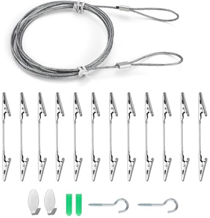 DIYCUT Fotoseil mit Klammern, 12 Stück Doppel Krokodilklemmen, 1,5m X 1,8mm Fotoleine, Fotoleine mit Klammern, mit Schrauben und Haken, zum Aufhängen Foto Postkarten die Tägliche Dekoration