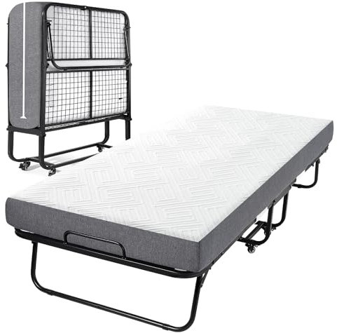 Gunuss Folding Bed with Mattress (Including 13 cm Thick Memory Foam Mattress), Guest Bed, fold single bed Size 90 x 200 cm, Metal Folding Frame, Reinforced Metal Grid, Load Capacity 250kg