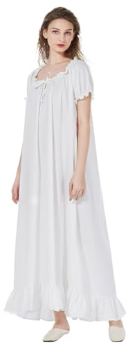BEAUTELICATE Victorian Nightgown Women Princess Sleepwear Long Nightdress with Short Sleeves 100% Cotton Vintage Nighties Pajamas Loose A-Line Court Romantic Feminine Full Length Style Ivory, M