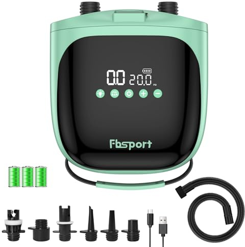 FBSPORT Pompa Elettrica SUP Ricaricabile 4000mAh Batteria & 12V DC Aria Pompa 20PSI per Gonfiabili Portatile con Funzione di spegnimento Automatico e LCD per Paddle Board Kayak Materasso Tenda e Barca