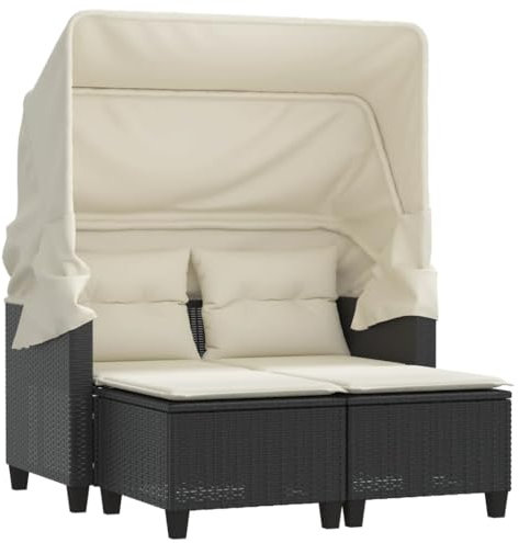 vidaXL Gartensofa 2-Sitzer mit Dach Hockern, Outdoor Sofa Gartenmöbel, Garten Lounge Set Terrasse, Terrassenmöbel Zweisitzer, Schwarz Poly Rattan