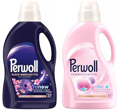 PERWOLL Flüssig-Set 2x 27 Waschladungen (54WL) 1x Black Blütenmeer & 1x Für Wolle & Feines, Feinwaschmittel erneuert dunkle Farben und Fasern & Feinwaschmittel glättet, verhindert Knötchen