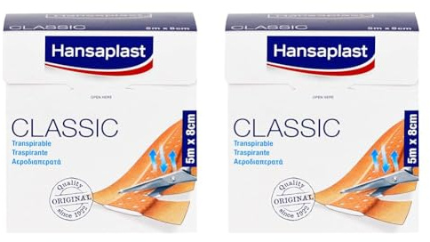 Hansaplast Classic Pflaster (5 m x 8 cm), zuschneidbare Wundpflaster mit extra starker Klebkraft, flexibles und atmungsaktives Verbandsmaterial (Packung mit 2)