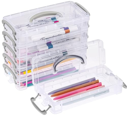 JIANTA 6-pack genomskinliga pennskrin i plast, pennfodral med stor kapacitet med snäpp-tätt lock, stapelbar lösning för förvaring av hemskola och kontorsmaterial