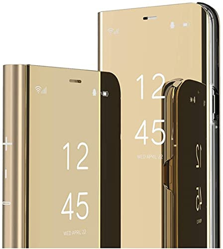 SIYOPINPFY Case for iPhone 12 Pro Max Case, Deluxe Glitter Plating Mirror Makeup Clear View Shell 360 Full Body Protective Flip Stand Shockproof Phone Case for iPhone 12 Pro Max, Mirror Gold
