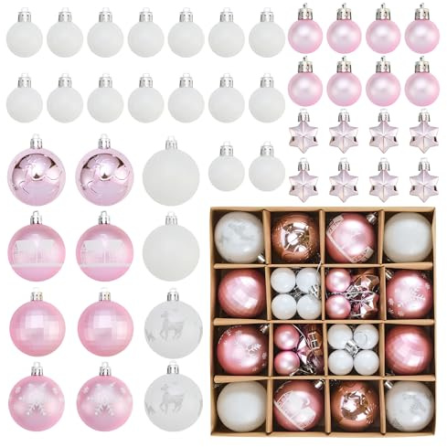 44 Piezas Bolas Arbol de Navidad, Juego de Bolas de Navidad, Adornos para Arbol de Xmas, Christmas Ball,Decoracion de Vacaciones Hogar, para Fiesta, Blanco y Rosa