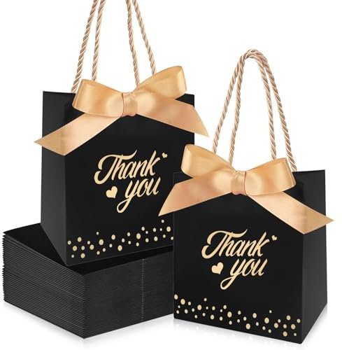 50 Stück Geschenktüten Danke mit Schleifen Und Griff, Klein Mini Danke Geschenktüte Rosa Gold, Small Gift Bag Geschenktaschen Papier für Braut Brautjungfern Hochzeit, 13x8x15cm (50PCS Schwarzes-Gold)