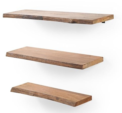iAnanas Schwebende Regale mit Naturkante, 3er-Set Wandregale Massivholz Mango Rustikaler Charme Einzigartige Live-Edge Optik für Schlafzimmer, Wohnzimmer, büro braun, große Regale Handgefertigt
