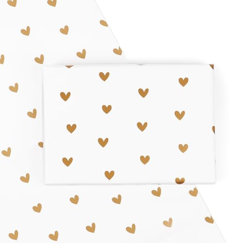 BETESSIN Geschenkpapier Hochzeit Weiß - 4 Bögen Liebe Geschenkpapier Herzen 50x70cm - Hochzeit Verpackungspapier mit goldenen Herzen Motiv - Geschenkverpackung zum Valentinstag