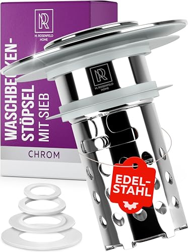 M. ROSENFELD HOME Abflussstopfen Waschbeckenstöpsel mit Sieb - Universal Waschbecken Stöpsel Pop Up - Chrom mit Sieb