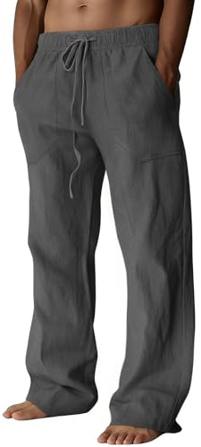 Puimentiua - Pantaloni in lino da uomo, lunghi, leggeri, estivi, in cotone a vestibilità ampia con coulisse e tasche (S-3XL), grigio scuro, 3XL