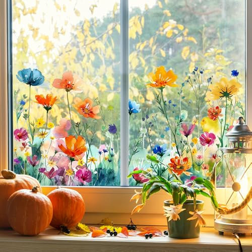 Fensterbilder Frühling Selbstklebend, Fenstersticker Blumen Fenster Deko Aufkleber Ganzjährig Fensteraufkleber Fenster Bilder für Frühling Wohnzimmer Schlafzimmer Sommer Glas Deko (A)