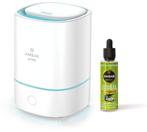 TIENDIFY - Humidificador de Esencia y Difusor de Aroma con Luz LED Ambar Perfums + Esencia 50 ml. a Elegir - Aromaterapia - Ideal para Hogar, Oficina y Dormitorio (Dama DE Noche)