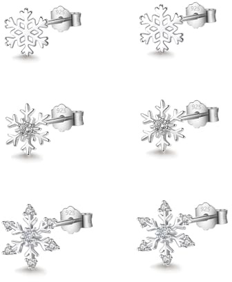 HinDaLi 3 Pares Pendientes Copo de Nieve Plata de Ley 925 para Mujer Niña Arete de Plata Circonita Pequeños Pendientes de Mujer de Copo de Nieve Oreja Brillantes Strass Joyería