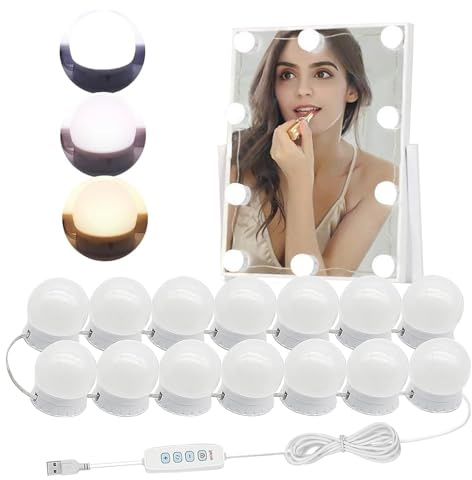 Mirror Lights, Hollywood Makeup Mirror Light with USB Power Cord, 3-Color Dressing Table Lights, Bath Mirror Lamps 10 Level Adjustable (Type B-14 Bulbs)
