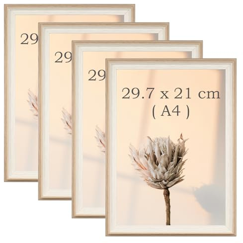 YoHyien Bilderrahmen A4 4er Set, Freistehende Fotorahmen 21x30 für Den Schreibtisch, Bilder Rahmen mit Plexiglas zur Wandmontage, Picture Photo Frame for Wall (Holzoptik, 21x29,7 cm)