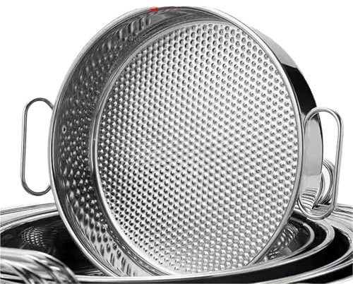 Bandeja redonda de acero inoxidable para almacenamiento de alimentos, plato hondo con asa, ideal para hornear pasteles y pan, plato de servir de 34 cm para frutas y platos, versátil