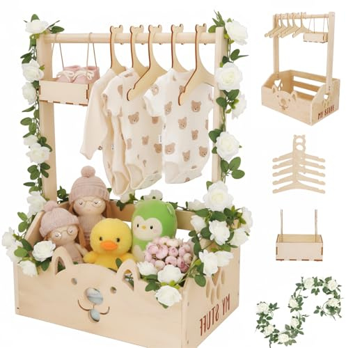 Gueiddi Babykorg, present, babyparty, present, babykorg med handtag, barnklädhängare, girlang och liten låda för nyfödda, babyparty, nya föräldrar (vit rosen-trälåda)