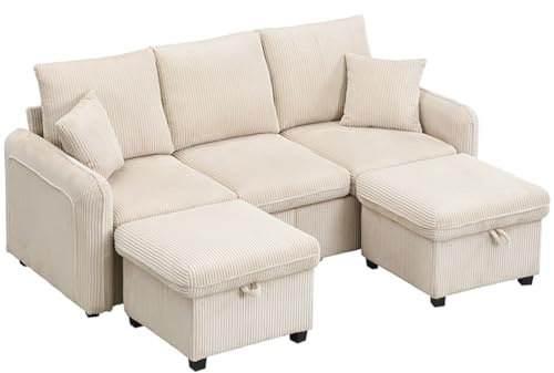 SHAIRMB Multifunktionale Ecksofa, U-Form-Dreisitzer Polster-Sofa mit Staufunktion, Inklusive Schubladen + Hocker mit Staufach, Modular Zerlegbares Sofa-Set,Beige
