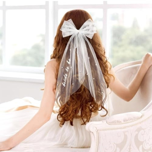 Bow Bride Veil with Pearl White Wedding Veil Hair Clips Hair Bow Embroidered Bride To Be Veil Hen Do Accessories Bridal Hair Accessories