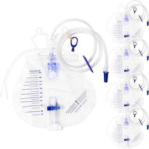 5 Pack Urine Drainage Bags 2000ml with Soft Flexible 50 Inch Tube, Catheter Bags with Anti Reflux Chamber, Cross Valve, and Dual Hanging Hooks for Convenient Daily Fluid Collection
