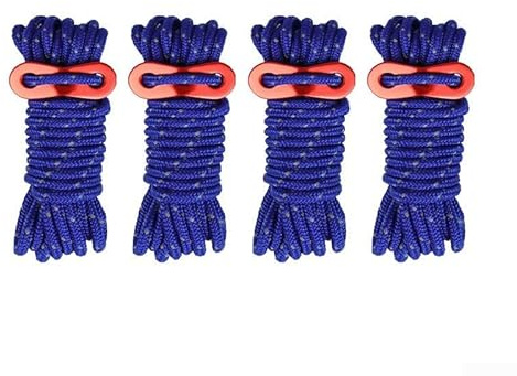 Gdfnmogo Reflektierendes Abspannseil, 4 mm x 4 m, für Camping-Zelt, winddicht, langlebig, PP- und Polyester-Mischgewebe mit 150 kg Stärke, inklusive Spannverstellern (4 Stück, blau)