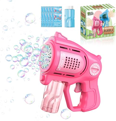 Pistola a Spara Bolle per Bambini, 15 Fori Macchina Automatico per Bolle di Sapone,2X60ml Soluzione, per Bambino Bambina 3 4 5 6 7 8 Anni per estate/attività all'aperto/Compleanno/Feste/Nozze, Rosa