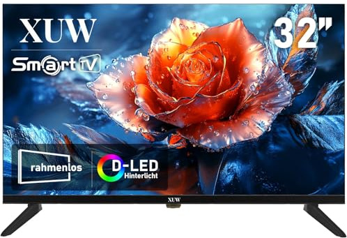 XUW 32 Zoll HD Smart TV, D-LED Hintergrundbeleuchtung Fernseher, randloses Design, HDMI USB DVB-T2/S2 RJ45 Schnittstelle, großer Bildschirm für Wohnzimmer, Schlafzimmer, Heimunterhaltung -schwarz