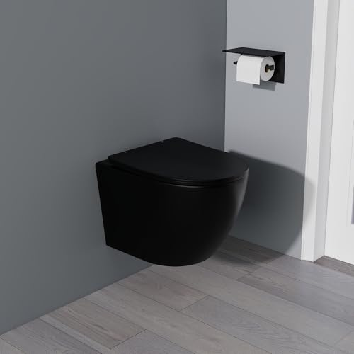 Yishang Hanging Toilet Rimless Toilet - 360° Single Hole Superspin Flush Wall Toilet Basin Toilet Flush Low Noise Toilet Bowl and Toilet Seat with Soft-Close Mechanism, Black, 48.5 cm
