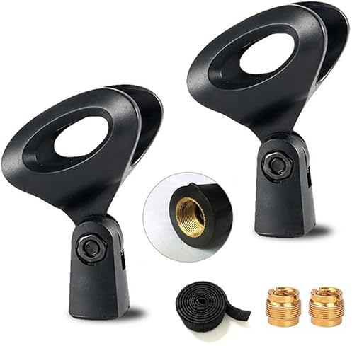 Tentucro Universal Microphone Clip Mic Holder with 5/8 Male to 3/8 Female Thread Metal Screw Adapters and Fastening Cable Straps for Microphone Stand, Handhold Microphone - 2 Pack