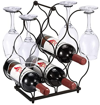 Urban Deco Small Wine Rack for 6 Wine Bottles with 4 Glasses Holder – Easy to Assemble Modern Countertop Metal Wire Wine Storage for Table Top Cabinet Kitchen Black