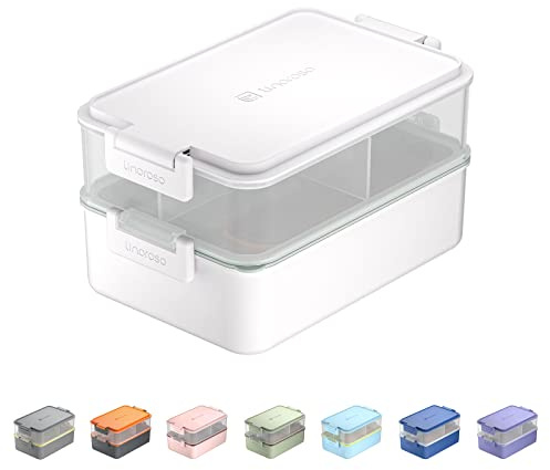 linoroso Bento Lunch Box for Adults with 3 Compartments Lunchbox with Sauce Container and Utensils, Bento Boxes for Microwave and Dishwasher Plastic BPA-Free As Sandwich Snack Salad Box - White