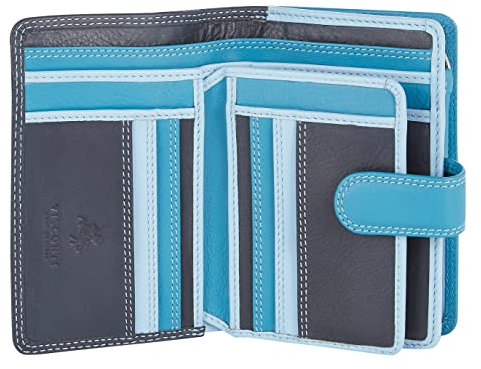 VISCONTI Leder Portemonnaie - RFID Schutz Damen Geldbeutel - M 9 x 13 cm - Geldbörse mit Druckknopf für zusätzliche Sicherheit Bifold Portmonee mit Geschenk-Box 'Rainbow' - Blau