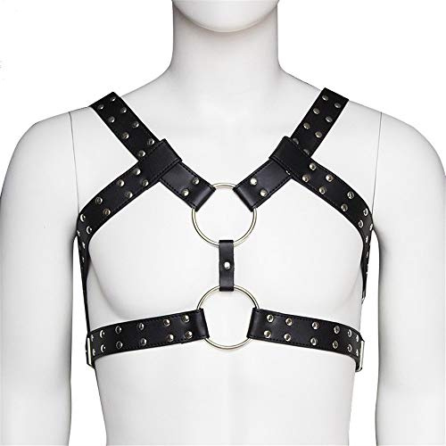 Arnés con tiras Top corto para hombre Cuerpo de cuero negro Arnés para el pecho Hebilla ajustable Soporte para el hombro Correas Cinturón Anillos en O de metal Cinturón gótico punk (Color : Black, Siz