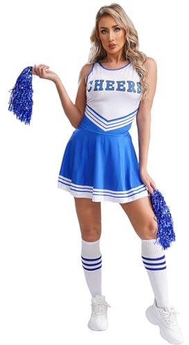 renvena Damen Cheer Leader Kostüm Set Minikleid mit Pompons Strümpfe Karneval Halloween Fasching Cosplay Outfit Party Tanz Kostüme