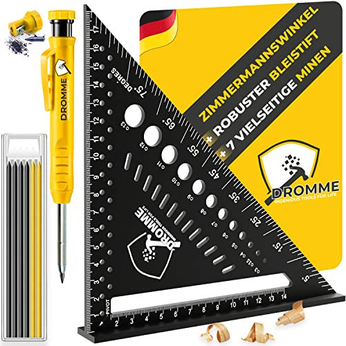 Premium Zimmermannswinkel Set: 5-in-1 Metall Winkel & Baustellenstift - Lasermarkiert, Präzises Anreißwerkzeug, Holzverarbeitung, Inkl. Tieflochmarker, Tischler Werkzeug & 7 Minen
