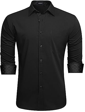 HISDERN Herrskjortor långärmade formella lediga affärsskjortor för män normal passform button down bröllopsfest arbetsskjorta med fickor, svart-1, 4XL
