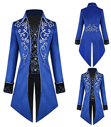 TTOKGZG Herren Steampunk Frack Mantel, Vintage viktorianischen Gothic Frack Mittelalter Renaissance Jacke Cosplay Halloween Kostüm（Blau,3XL）