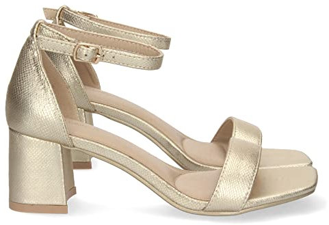 shoes&blues.es 71378-Sandalia de Tacon para Mujer, Comoda, con Estampado Brillante, y Cierre Ankle Strap de Hebilla, Primavera Verano 2023. Talla 39 Oro